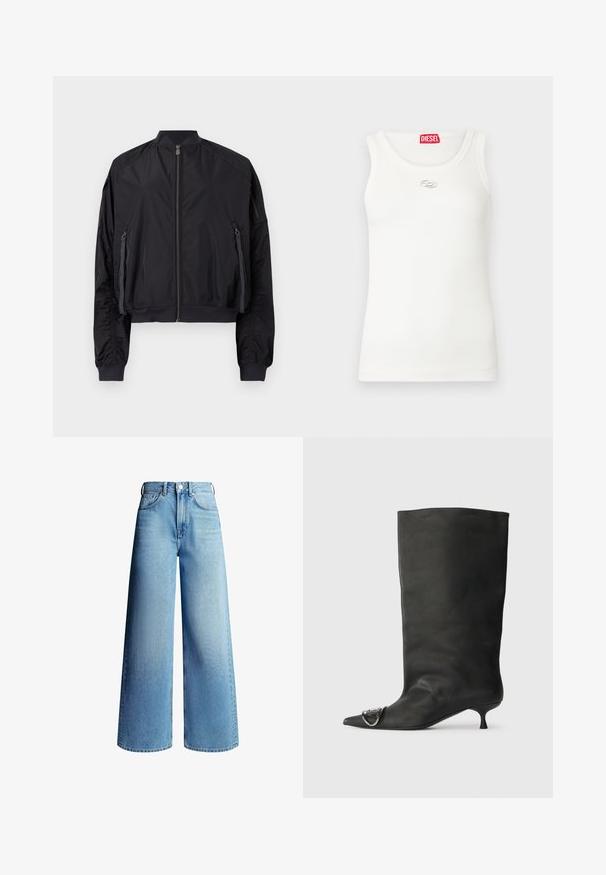 Veste aviateur noire avec fermeture éclair à l'avant, deux poches latérales zippées avec tirettes en tissu, col, poignets et ourlet côtelés, et une poche zippée sur la manche.; Débardeur blanc à texture côtelée, encolure ronde, sans manches et orné d'un logo argenté sur la poitrine. Étiquette de marque rouge au col.; Jean en denim bleu clair taille haute à jambes larges, avec poches avant, passants pour ceinture, fermeture par bouton et braguette zippée.; Bottines en cuir noir à bout pointu, petite talon et détail métallique sur le bout. Texture lisse et mate partout.