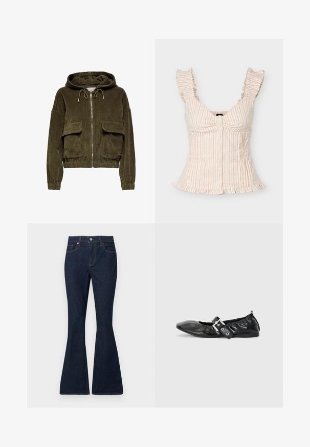 Corduroy zip-up hoodie i olivengrøn med hætte, to frontlommer, elastiske cuffs og kant. Blød tekstur med stribet mønster.; Ærmeløs beige og hvidstribet bluse med flæse-stropper, knapper foran, figursyet talje og flæsekant.; Mørkeblå denimjeans med høj talje, forreste knap og lynlås, klassisk fem-lomme-stil og udvidede ben.; Sorte læder flade sko med spids tå, samling detaljer omkring åbningen, og en sølv spænde accent på den justerbare rem.