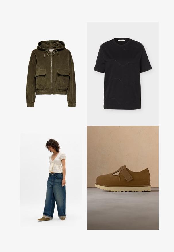 Corduroy zip-up hoodie i olivengrøn med hætte, to frontlommer, elastiske cuffs og kant. Blød tekstur med stribet mønster.; Sort T-shirt med korte ærmer og rund halsudskæring med bølgede, syede, horisontale linjer tværs over foran og ærmer, lagt fladt på hvid baggrund.; Kvinde iført en cremefarvet kortærmet V-hals top med lace-detaljer, løse bredbenede blå jeans der er opsmøget i kanten, og olivengrønne sko, stående på hvid baggrund.; Brune ruskindsko med rund tå, forreste udskæring og velcrorem. Sålen er lys gul og tekstureret for greb.