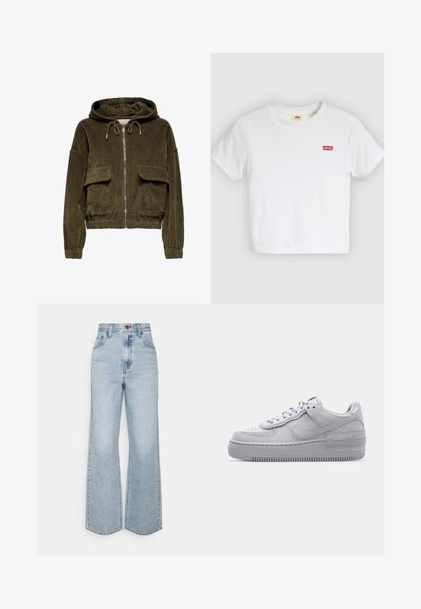Vihreä oliivinvärinen corduroy-zip-up-huppari, jossa on huppu, kaksi etutaskua, joustavat hihansuut ja helma. Pehmeä rakenne, jossa on raidallinen kuvio.; Valkoinen, lyhythihainen pyöreäkauluksinen T-paita, jossa pieni punainen Levi's-logo vasemmassa rinnassa.; Vaaleansinisiä farkkuja, joissa on leveät lahkeet ja korkea vyötärö. Klassinen viisi taskua -design ja kontrastivärinen ommel. Raaka helma alareunassa.; Harmaa Nike Air Force 1 -lenkkari, jossa on reikänenä, sileä nahkapäällinen, paksu pohja ja kohokuvioitu 'AIR'-yksityiskohta kantapäässä.