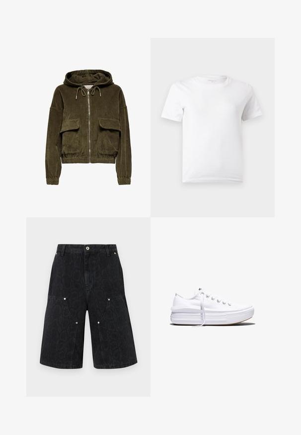 Corduroy zip-up hoodie i olivengrøn med hætte, to frontlommer, elastiske cuffs og kant. Blød tekstur med stribet mønster.; Enkelt hvid T-shirt med korte ærmer og rund hals, vist mod en lys grå baggrund.; Sorte denim knælange shorts med subtilt leopardprint, frontknap, lynlåslukning og sølvnitter på store forlommer.; Hvid lavt snørestøvle med tyk plateau-sål, snørelukning foran og gummiforstærket tåkap, set i sideprofil.