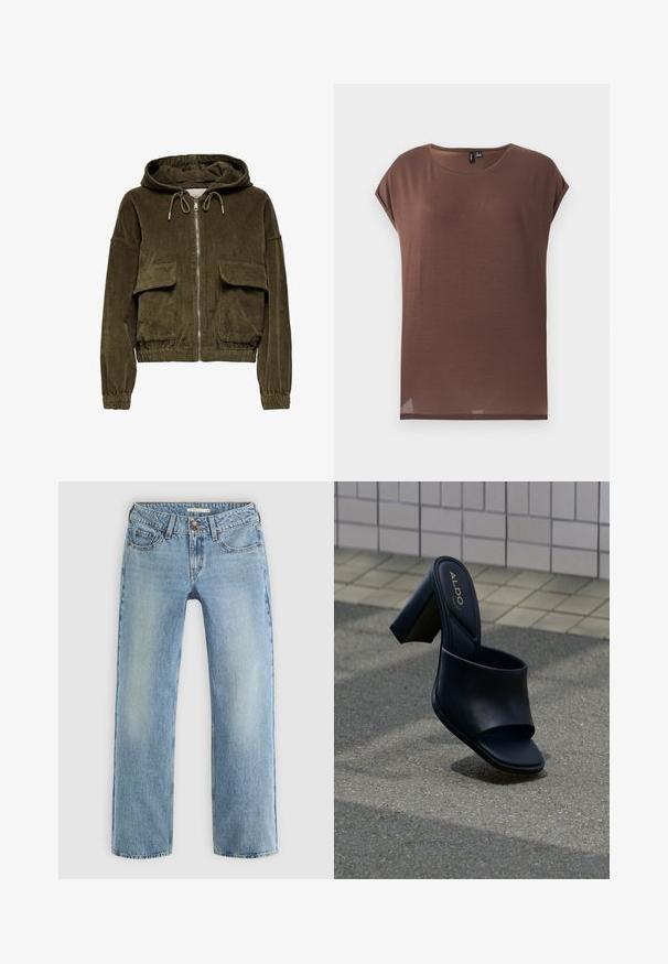 Corduroy zip-up hoodie i olivengrøn med hætte, to frontlommer, elastiske cuffs og kant. Blød tekstur med stribet mønster.; Brun kortærmet top lavet af et blødt, let materiale. Den har en rund halsudskæring og en afslappet pasform med en lige kant.; Lyseblå lige ben jeans lavet af denim, med knaplukning, fem lommer og subtil falmning langs benene.; Sort højhælet sandal med åben tå, bred rem, firkantet tå og ALDO-mærke på den polstrede indersål, med tekstureret fortovsbaggrund.