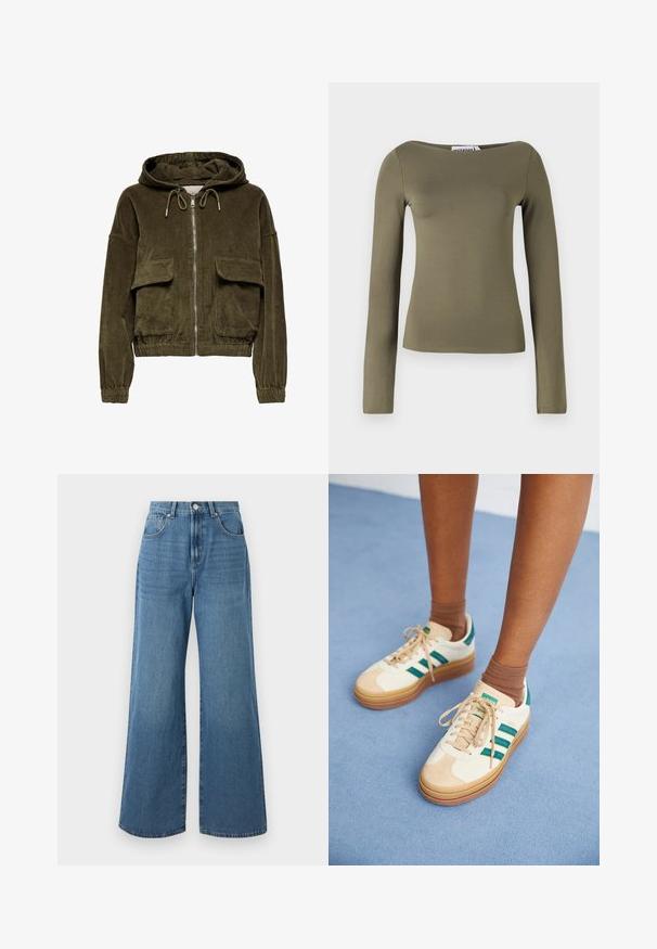 Vihreä oliivinvärinen corduroy-zip-up-huppari, jossa on huppu, kaksi etutaskua, joustavat hihansuut ja helma. Pehmeä rakenne, jossa on raidallinen kuvio.; Oliivinvihreä pitkähihaisessa paidassa on slimmi muotoilu, joka on valmistettu sileästä, joustavasta kankaasta. Paidassa on leveä pääntie ja minimaalinen saumaus.; Laadukkaat siniset farkut, joissa on leveät lahkeet ja korkea vyötärö. Mukana etu- ja takataskut sekä napitus vyötäröllä. Sujuva pinta.; Valkoiset lenkkarit tummanvihreillä raidoilla, kumipohjalla, mokkanahkasta ja kankaasta valmistetulla päällisellä sekä neutraalilla varustuksella, yhdistettynä ruskeisiin sukkiin vaaleansinisellä pinnalla.