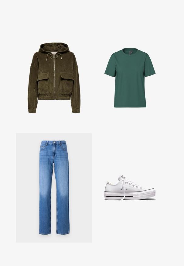 Corduroy zip-up hoodie i olivengrøn med hætte, to frontlommer, elastiske cuffs og kant. Blød tekstur med stribet mønster.; Kortærmet t-shirt i mørkegrøn bomuld med rund hals. Enkelt, udekoreret design og afslappet pasform. Blød tekstur, ingen mønstre.; Lyseblå denimjeans med høj talje, lige ben og slidte områder. Har almindelige for- og baglommer samt en knaplukning.; Lavtop hvid lærredsneaker med hvide snørebånd, gummisål, sorte stribedetaljer og logo-patch på tungen og hælen.