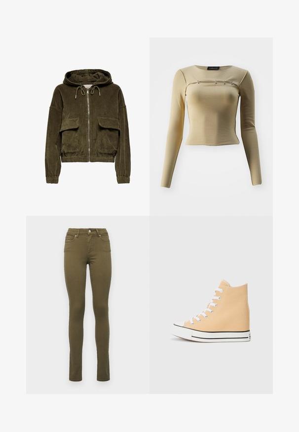 Kord-zip Hoodie in Olivgrün mit Kapuze, zwei Fronttaschen, elastischen Bündchen und Saum. Weicher Stoff mit gestreiftem Muster.; Beige Langarmoberteil aus weichem Stoff mit figurbetontem Schnitt und rundem Halsausschnitt, verziert mit drei dekorativen silbernen Akzenten über der Brust.; Olivgrüne Slim-Fit-Jeans aus Baumwollmischung mit normaler Leibhöhe, fünf Taschen und dezenten Nähten entlang der Säume.; Hochformat-Sneaker aus hellpfirsichfarbenem Canvas, mit weißen Schnürsenkeln, schwarzem Gummisohle und klassischer Zehenkappe. Verfügt über gestickte Akzente und einen gerippten Kragen.