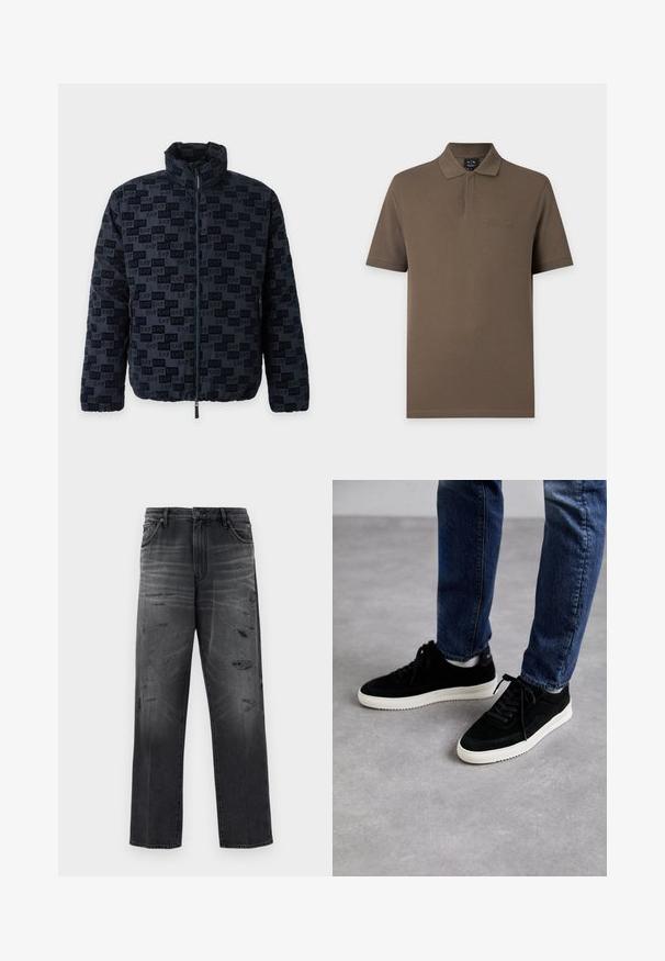 Veste noire zippée intégralement avec col montant et motif répétitif du logo EA7 sur le tissu, comprenant des poches latérales zippées et des poignets et un ourlet élastiques.; Polo marron à manches courtes avec col et logo Armani Exchange subtil sur la poitrine gauche.; Jean en denim noir avec une coupe décontractée, présentant un design délavé et des patchs déchirés. Style standard cinq poches et fermeture à bouton.; Des baskets en suède noir avec une semelle en caoutchouc blanc, présentant un design classique à talon bas, un bout rond et des lacets plats noirs.
