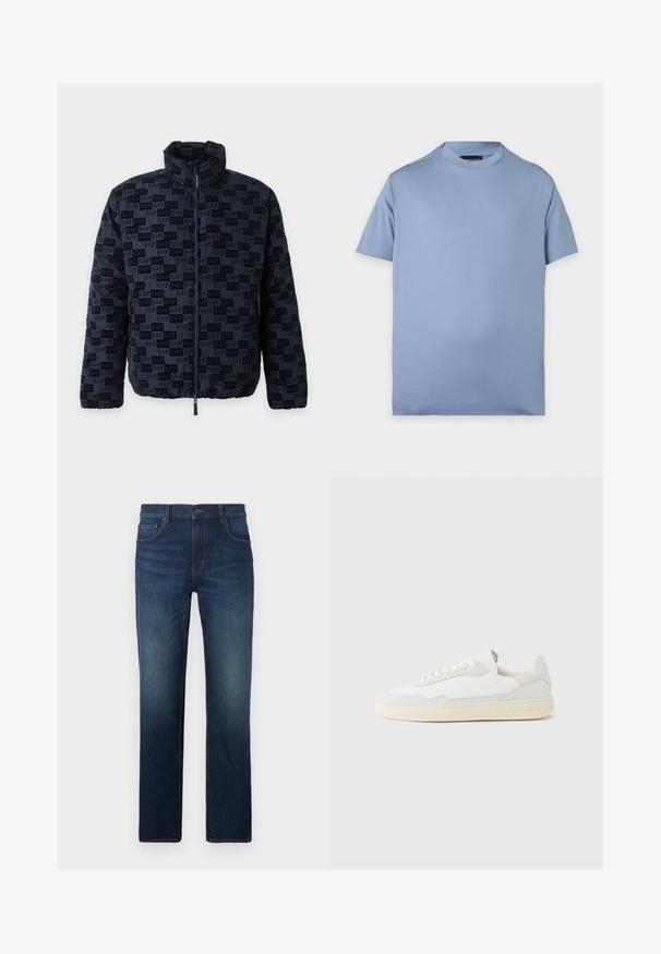 Veste noire zippée intégralement avec col montant et motif répétitif du logo EA7 sur le tissu, comprenant des poches latérales zippées et des poignets et un ourlet élastiques.; T-shirt uni bleu clair à manches courtes et col rond avec un petit logo discret sur la partie gauche de la poitrine sur fond blanc.; Jean en denim bleu foncé à coupe droite, avec cinq poches, une fermeture par bouton, et un léger effet délavé sur la surface.; Baskets blanches avec dessus en daim et cuir texturé. Caractérisées par un bout arrondi, une fermeture à lacets et une semelle en caoutchouc beige contrastante.