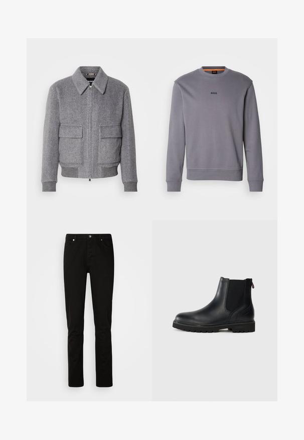 Grau karierter Jackett mit Kragen, Frontreißverschluss und zwei Klappentaschen. Verfügt über gerippte Bündchen und Saum für eine optimale Passform.; Grauer Sweatshirt aus Baumwolle mit rundem Halsausschnitt, gerippten Bündchen und Saum, mit kleinem "BOSS"-Logo auf der Vorderseite.; Schwarze Jeans mit geradem Bein, vorne mit Knopf- und Reißverschluss, Vorder- und Gesäßtaschen, dargestellt vor einem schlichten hellen Hintergrund.; Schwarze Leder-Stiefelette mit elastischen Seiteneinsätzen, runder Spitze und einer robusten Gummisohle mit tiefem Profil für optimalen Halt.