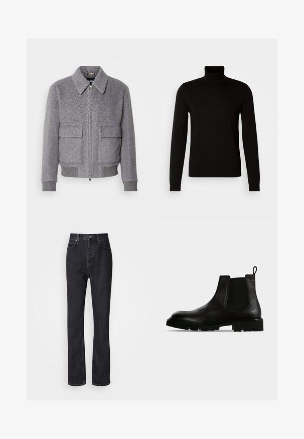 Grå jakke med fiskebensmønster, krave, frontlynlås og to klaplommer. Har ribbede manchetter og kant for bedre pasform.; Sort turtleneck sweater lavet af et fint strikket stof, der har lange ærmer og en tætsiddende silhuet. Glat tekstur med ribbede manchetter.; Høj talje sorte denim jeans med knap- og lynlåsåbning, for- og baglommer samt lige ben.; Sort læder ankel Chelsea støvle med tyk rillet sål, elastiske sidepaneler og trækflig på ens baggrund.