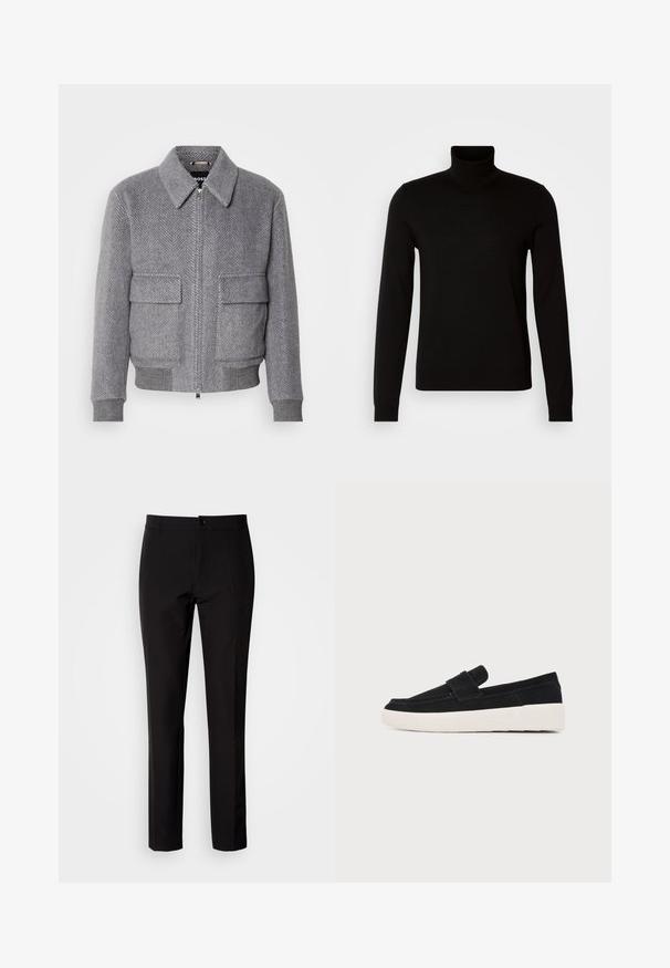 Grau karierter Jackett mit Kragen, Frontreißverschluss und zwei Klappentaschen. Verfügt über gerippte Bündchen und Saum für eine optimale Passform.; Schwarzer Rollkragenpullover aus feiner Strickware, mit langen Ärmeln und taillierter Silhouette. Glatte Textur mit gerippten Bündchen.; Schwarze Hose aus glattem Stoff, mit geradem Bein, vorderer Knopfverschluss und dezenten Seitentaschen. Schlichter und maßgeschneiderter Look.; Schwarzer Wildleder-Slipper mit weißer Plateausohle, Seitenansicht, mit Riemendetail oben und sichtbaren Nähten entlang der Kanten.