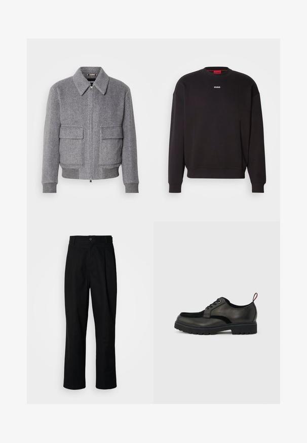Grau karierter Jackett mit Kragen, Frontreißverschluss und zwei Klappentaschen. Verfügt über gerippte Bündchen und Saum für eine optimale Passform.; Schwarzes Sweatshirt aus Baumwollmischung mit Rundhalsausschnitt, überschnittenen Schultern und einem kleinen weißen "HUGO"-Logo auf der Brust.; Schwarze gerade geschnittene Hosen mit einem Knopfverschluss, Gürtelschlaufen und Vorderfalten, vor einem schlichten weißen Hintergrund präsentiert.; Schwarzer Leder-Schnürschuh mit dicker, profillierter Sohle und rotem Fersenzuglasche, seitlich auf einem hellgrauen Hintergrund dargestellt.