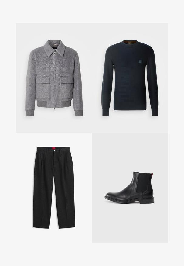 Grå jakke med fiskebensmønster, krave, frontlynlås og to klaplommer. Har ribbede manchetter og kant for bedre pasform.; Strikket navyblå sweater med lange ærmer, rund halsudskæring, tekstureret stof og et lille logo-patch på brystet.; Sorte bukser med høj talje med forreste læg, bæltestropper, knap og lynlås lukning samt en rød label indeni linningen.; Sort læder Chelsea-støvle med elastiske sidepaneler, afrundet tå og lav, stablet hæl. Har en rød løftestrop og subtil branding på siden.
