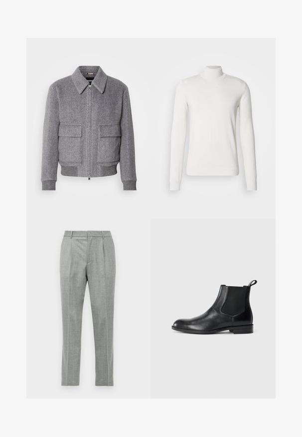 Grå jakke med fiskebensmønster, krave, frontlynlås og to klaplommer. Har ribbede manchetter og kant for bedre pasform.; Hvid turtleneck sweater lavet af ribstrikket stof. Har lange ærmer, et tætsiddende design og en glat tekstur.; Lys grå skræddersyede dressbukser med frontfolder, bæltestropper og lige benmodul på en hvid baggrund.; Sorte læder ankelstøvler med elastiske sidepaneler, rund tå og en trækloft. Glat tekstur, flad sål, minimalistisk design.