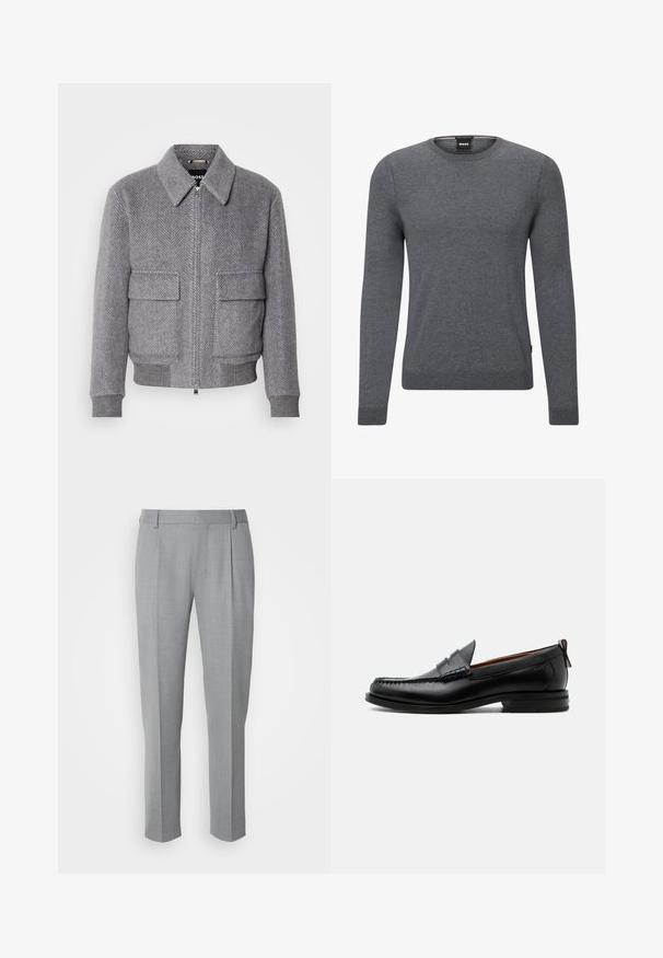 Grå jakke med fiskebensmønster, krave, frontlynlås og to klaplommer. Har ribbede manchetter og kant for bedre pasform.; Grå crew-neck sweater lavet af blødt strikket stof. Den har lange ærmer, ribbede manchetter og kant, samt et lille logo-mærke på siden.; Grå skræddersyede bukser med en glat tekstur, som har en flad front, lige ben og diskrete folder for ekstra detalje.; Sort læder herre loafer med moc-tå syning, penny strop, struktureret krave og lav stablet hæl på hvid baggrund.