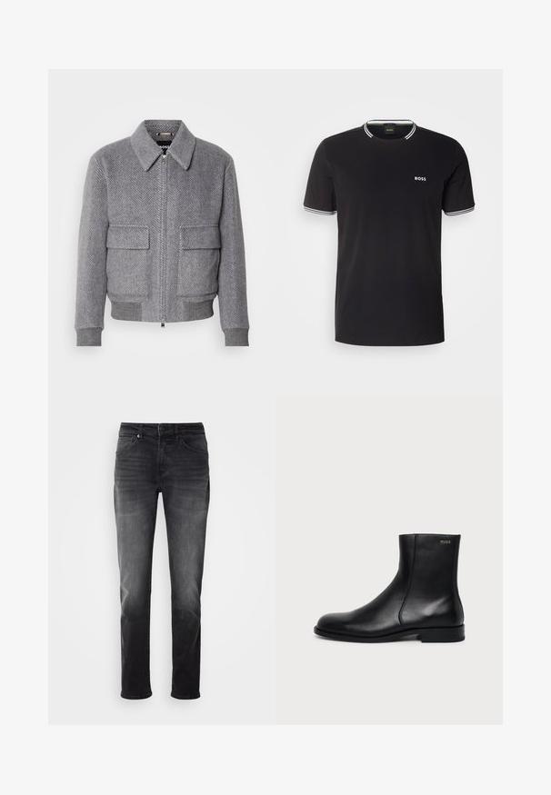 Grau karierter Jackett mit Kragen, Frontreißverschluss und zwei Klappentaschen. Verfügt über gerippte Bündchen und Saum für eine optimale Passform.; Schwarzes Baumwoll-T-Shirt mit weißem Besatz am Kragen und an den Ärmeln, das ein kleines weißes "BOSS"-Logo auf der linken Brust trägt.; Schwarze Jeans aus Denim mit geradem Bein. Verfügt über einen Knopf- und Reißverschluss, fünf Taschen und dezente Ausbleichungen im Stoff.; Schwarzer Leder-Knöchelstiefel mit niedrigem Absatz, seitlicher Naht und kleinem "HUGO" Logo am oberen Schaft vor einfarbigem Hintergrund.