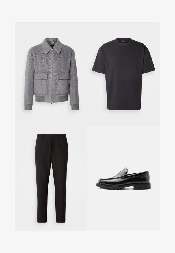 Grau karierter Jackett mit Kragen, Frontreißverschluss und zwei Klappentaschen. Verfügt über gerippte Bündchen und Saum für eine optimale Passform.; Schwarzes T-Shirt mit kurzen Ärmeln aus Baumwolle, mit rundem Halsausschnitt und dezentem Branding am Kragen. Weiche Textur mit lässiger Passform.; Schwarze Jogginghose aus glattem Stoff. Mit einem elastischen Bund und Kordelzug, schmal zulaufenden Beinen und ohne sichtbare Taschen. Einfaches Design.; Schwarzer Lederloafer mit grober Gummisohle, genähter Oberseite und geprägtem Markennamen an der Ferse, seitlich auf weißem Hintergrund gezeigt.
