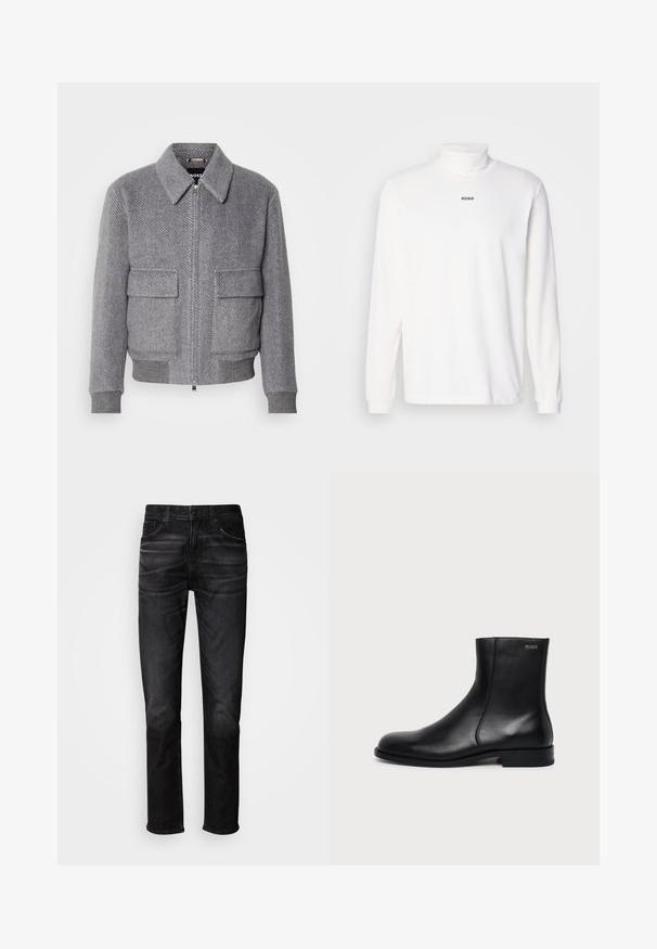 Grau karierter Jackett mit Kragen, Frontreißverschluss und zwei Klappentaschen. Verfügt über gerippte Bündchen und Saum für eine optimale Passform.; Weißes Langarm-Turtleneck-Shirt aus weichem Stoff, mit einem dezenten schwarzen "HUGO"-Logo auf der Vorderseite und engen Bündchen.; Schwarze Jeans aus Denim mit geradem Schnitt, fünf Taschen, dezentem Used-Look und Knopfverschluss. Klassischer Stil, geeignet für legere Trageanlässe.; Schwarzer Leder-Knöchelstiefel mit niedrigem Absatz, seitlicher Naht und kleinem "HUGO" Logo am oberen Schaft vor einfarbigem Hintergrund.