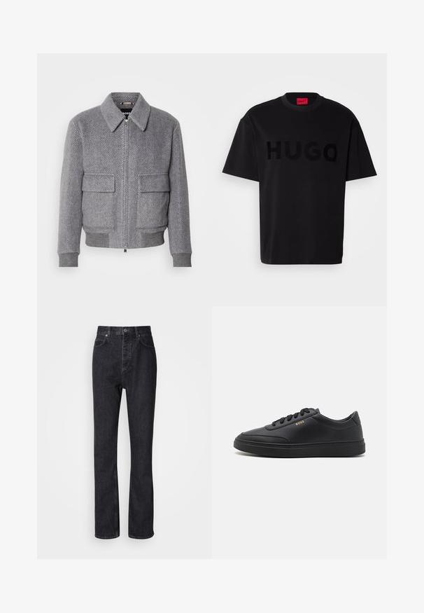 Grau karierter Jackett mit Kragen, Frontreißverschluss und zwei Klappentaschen. Verfügt über gerippte Bündchen und Saum für eine optimale Passform.; Schwarzes Baumwoll-T-Shirt mit kurzärmeligen, Rundhalsausschnitt, das ein großes, glänzendes schwarzes "HUGO"-Logo auf der Vorderseite trägt. Glatte Textur.; Hochtaillierte schwarze Jeans aus Denim mit Knopf- und Reißverschluss, Vorder- und Hintertaschen sowie einer geraden Passform.; Schwarze Leder-Sneaker mit glatter Textur, runder Zehenpartie, flacher Gummisohle und einfarbigen Schnürsenkeln. Mit goldfarbenem "BOSS" Logo an der Seite.