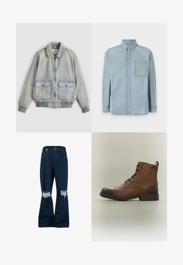 Ανοιχτό μπλε denim μπουφάν με φερμουάρ μπροστά, δύο μπροστινές τσέπες, ριμπ μανσέτες και γιακά. Διαθέτει εσωτερική φόδρα με καρό σχέδιο. Casual σχεδιασμός.; Ανοιχτό μπλε τζιν πουκάμισο με μακριά μανίκια, κουμπιά μπροστά και μία μόνο τσέπη στο στήθος. Διαθέτει κλασικό γιακά και κανονικές μανσέτες.; 2Y Studios ANDUIN RIPPED BAGGY - Φαρδύ τζιν - raw; Καφέ δερμάτινο μποτάκι με κορδόνια έως τον αστράγαλο, με μαύρη επένδυση μύτης, στρογγυλή σόλα και λογότυπο στο πλάι, σε απλό φόντο.