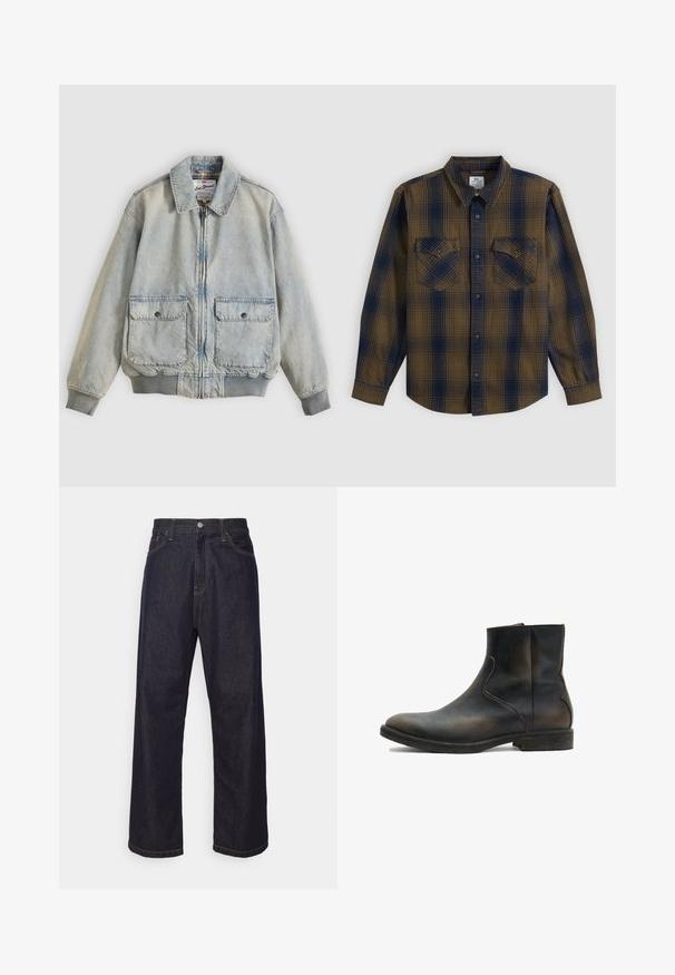 Ανοιχτό μπλε denim μπουφάν με φερμουάρ μπροστά, δύο μπροστινές τσέπες, ριμπ μανσέτες και γιακά. Διαθέτει εσωτερική φόδρα με καρό σχέδιο. Casual σχεδιασμός.; Πουκάμισο με μακριά μανίκια, καρό σχέδιο σε καφέ και σκούρο μπλε, με δύο τσέπες στο στήθος με κουμπιά, απλωμένο επίπεδο σε λευκό φόντο.; Σκούρο μπλε τζιν παντελόνι ίσιας γραμμής με κίτρινες ραφές, εμπρός κουμπί, φερμουάρ και πέντε τσέπες.; AllSaints LANG - Κλασικές μπότες αστραγάλου - brown