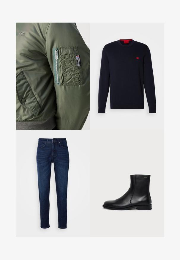 Grüne Bomberjacke mit glatter, glänzender Textur, ausgestattet mit einer Reißverschlusstasche auf dem linken Ärmel und einem sichtbaren Logopatch.; Navyblaues Strickpullover mit Rundhalsausschnitt, gerippten Bündchen und Saum sowie einem kleinen roten Logo auf der Brust. Glatte Textur, lässiges Design.; Dunkelblaue Jeans aus Denim mit geradem Bein, ausgestattet mit Taschen und einem Knopfverschluss an der Taille. Weiche Textur, minimale Ausbleichungen.; Schwarzer Leder-Stiefelette mit niedrigem Absatz, seitlichem Reißverschluss und kleinem "HUGO"-Logo nahe dem oberen Rand auf hellem einfarbigem Hintergrund.