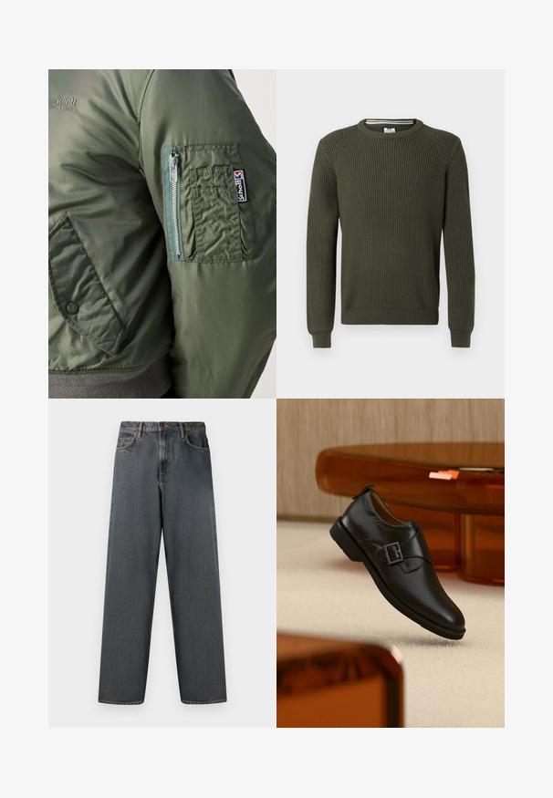 Chaqueta bomber verde con una textura suave y brillante, que cuenta con un bolsillo con cremallera en la manga izquierda y un parche de logo visible.; Suéter de punto acanalado verde con cuello redondo, mangas largas y puños ajustados. Presenta una tela texturizada con sutiles líneas horizontales.; Jeans de mezclilla gris oscuro con un diseño de pierna recta, cinco bolsillos y cierre de botón y cremallera. La tela presenta un ligero desgaste y costuras.; Zapato monk de cuero negro con hebilla plateada, flotando sobre una alfombra beige con muebles translúcidos marrones al fondo.