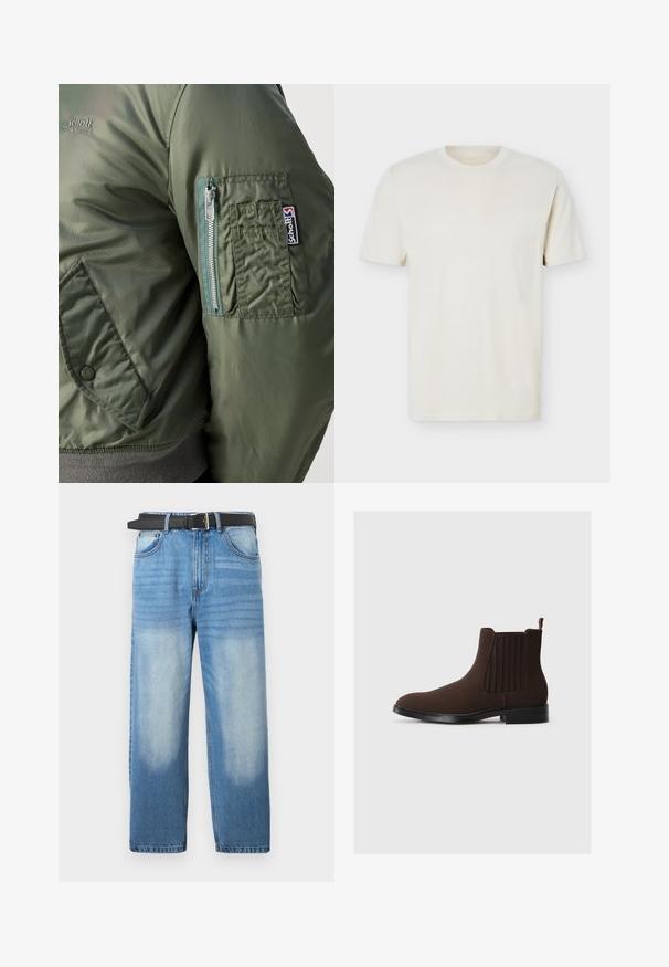 Groene bomberjack met een gladde, glanzende textuur, voorzien van een ritszak op de linker mouw en een zichtbaar logopatch.; Effen gebroken wit T-shirt met korte mouwen en ronde hals, met subtiel logo op de linkerborst, weergegeven op een effen witte achtergrond.; Lichtblauwe denim jeans met een rechte pijp, voorzien van een zwarte riem, vervaagde vlekken en subtiele diagonale textuur op het bovenste gedeelte.; Bruine suède Chelsea-boots met elastische zijpanelen, lage hak en een lipje aan de achterkant. Gladde textuur en gestroomlijnd ontwerp.