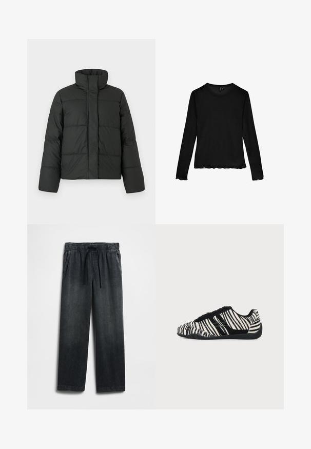 Veste doudoune noire avec col haut, design matelassé et manches longues. Fabriquée en tissu lisse, dotée d'une fermeture éclair à l'avant.; Chemise noire à manches longues avec col ras du cou, bords festonnés aux manches et à l'ourlet, posée à plat sur un fond blanc.; Pantalon en denim noir avec une taille élastique à cordon, coupe large aux jambes et légère décoloration. Deux poches latérales incluses.; Baskets à lacets noires et blanches avec motif rayures zèbre et semelle noire texturée sur un fond clair uni.