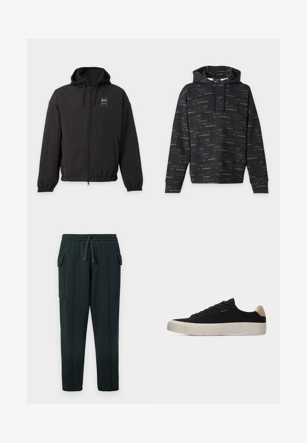 Veste noire à capuche avec fermeture éclair, poignets et bas élastiques, poches avant et petit logo EA7 sur la poitrine gauche.; Sweat à capuche noir à manches longues, avec un motif texte argenté "EMPORIO ARMANI" en all-over et des cordons de serrage réglables.; Pantalon de survêtement noir avec taille à cordon, poches latérales, détail poche cargo et coutures visibles. Tissu doux avec une coupe décontractée.; Baskets basses noires avec languette beige au talon, semelle en caoutchouc blanche épaisse, lacets noirs et petite étiquette "PS Paul Smith" sur le côté.