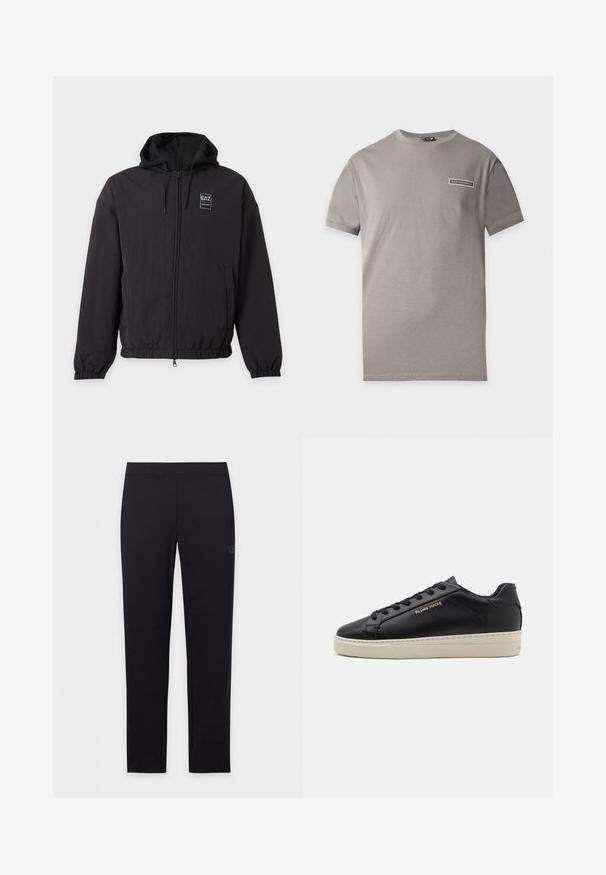 Veste noire à capuche avec fermeture éclair, poignets et bas élastiques, poches avant et petit logo EA7 sur la poitrine gauche.; T-shirt gris à manches courtes avec un petit écusson du logo EA7 Emporio Armani sur le haut gauche de la poitrine.; Legging noir slim avec ceinture élastique, présenté à plat sur un fond blanc.; Sneaker en cuir noir avec une finition lisse, semelle crème contrastante, bout arrondi, logo doré sur le côté et six œillets pour les lacets.