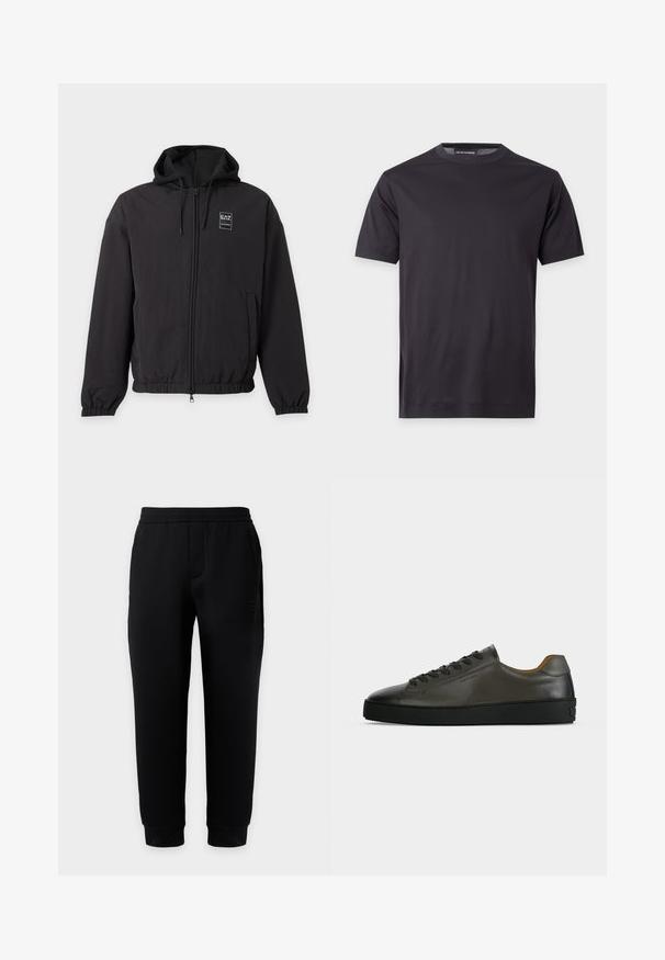 Veste noire à capuche avec fermeture éclair, poignets et bas élastiques, poches avant et petit logo EA7 sur la poitrine gauche.; T-shirt noir uni à manches courtes avec col rond, avec un petit logo ton sur ton sur la poitrine gauche et une étiquette de marque au niveau du col.; Pantalon de jogging noir ajusté avec taille et poignets élastiques, poches latérales et logo discret sur la cuisse droite sur fond uni.; Basket basse en cuir gris foncé avec lacets et semelle noirs, design minimaliste, profil latéral sur un fond clair uni.