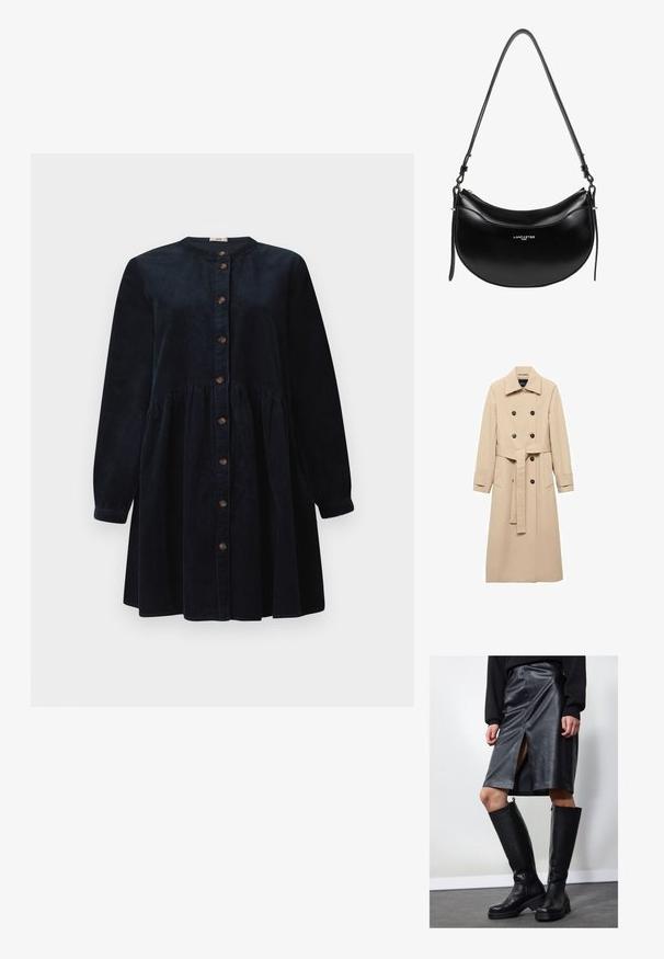 Beige trenchcoat van gladde stof, met een dubbelknopssluiting, zwarte knopen en een strikceintuur rond de taille. Inclusief twee zijzakken.; Marineblauw corduroy jurk met lange mouwen, ronde kraag en knoopsluiting aan de voorkant. Kenmerkt zich door een verzamelde taille en textured stof.; Zwarte leren kokerrok met een split aan de voorkant, gecombineerd met kniehoge zwarte laarzen met ritsen en een dikke zool voor extra hoogte.; Zwarte leren handtas met een gebogen vorm, verstelbare schouderband en zilveren hardware. Heeft een logo "Lancaster Paris" aan de voorkant.