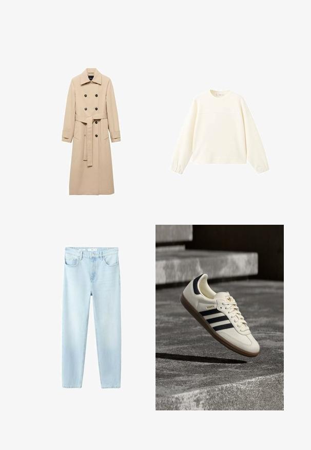 Beige Trenchcoat aus glattem Stoff, mit einem doppelreihigen Design, schwarzen Knöpfen und einem gebundenen Taillengürtel. Zwei Seitentaschen sind enthalten.; Cremefarbener Langarmpullover mit Rundhalsausschnitt, einer horizontalen Naht über der Brust und elastischen Bündchen.; Hellblaue, hoch taillierte Jeans mit geradem Bein, vorne mit Knopf- und Reißverschluss sowie Fünf-Taschen-Design.; Weißer Adidas Samba Sneaker mit schwarzen Streifen und Gummisohle, schwebend über strukturierten grauen Betontreppen.