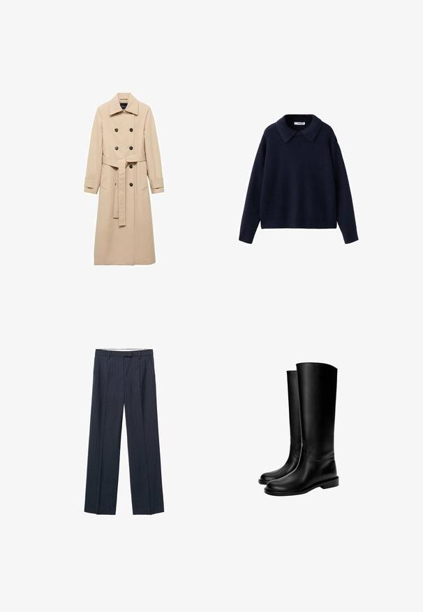Beige trenchcoat lavet af glat stof, med dobbeltbrystet design, sorte knapper og et knyttet taljebælte. To sidelommer inkluderet.; Marineblå strikket langærmet sweater med en bred, spids krave og en afslappet pasform på en hvid baggrund.; Mørkeblå stribede bukser, vide ben, skrædderdesign, folder ned foran, bæltestropper og lynlås. Glat stofstruktur.; Sorte knæhøje læderstøvler med en glat tekstur, rund tå, flad sål og minimalistisk design, der har syede sømme og ingen synlige metaldele.