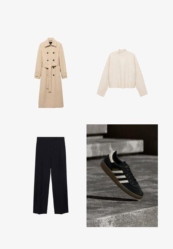 Beige trenchcoat lavet af glat stof, med dobbeltbrystet design, sorte knapper og et knyttet taljebælte. To sidelommer inkluderet.; Cremefarvet pullover trøje lavet af blødt stof, med høj hals, sænket skuldre og en cropped design med ribbede kanter.; Sorte vidde bukser med glat stof, to frontfolder, en talje og en lige pasform uden synlige pynt.; Sort Adidas-sneaker med hvide striber og gummisåler, svævende over grå betontrapper i naturligt lys.