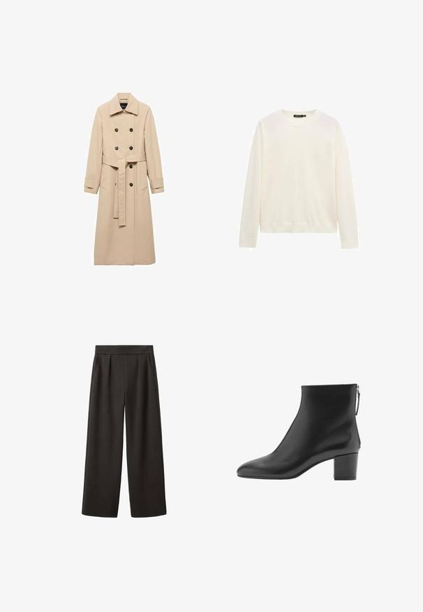 Beige Trenchcoat aus glattem Stoff, mit einem doppelreihigen Design, schwarzen Knöpfen und einem gebundenen Taillengürtel. Zwei Seitentaschen sind enthalten.; Weißer Langarmpullover mit Rundhalsausschnitt, gerippten Bündchen und Saum, vor einem schlichten weißen Hintergrund präsentiert.; Schwarze Hose mit weitem Bein, glatter Textur, plissiertem Vorderteil und zwei Seitentaschen, mit tailliertem Bund.; Schwarze Leder-Ankelboots mit spitzem Zehenbereich, glatter Oberfläche und Blockabsatz. Verfügt über einen seitlichen Reißverschluss für ein einfaches An- und Ausziehen.