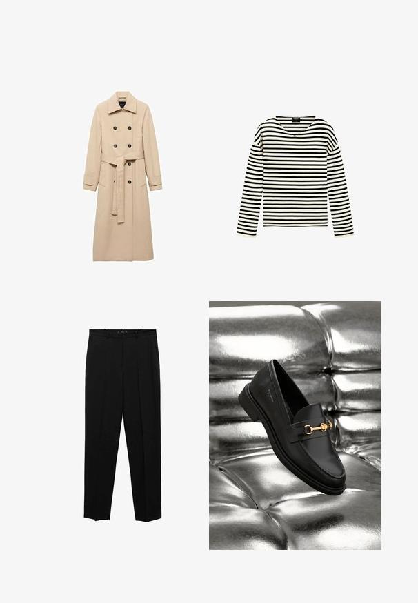 Beige Trenchcoat aus glattem Stoff, mit einem doppelreihigen Design, schwarzen Knöpfen und einem gebundenen Taillengürtel. Zwei Seitentaschen sind enthalten.; Langärmliges Hemd mit schwarz-weißen horizontalen Streifen und V-Ausschnitt, auf weißem Hintergrund dargestellt.; Schwarze, maßgeschneiderte Stoffhosen mit geradem Bein, Frontfalten, einer glatten Textur und einem Standardbund mit Gürtelschlaufen.; Schwarze Leder-Loafer mit goldfarbener Hardware. Der Schuh zeichnet sich durch ein elegantes Design und eine glatte, glänzende Oberfläche aus.