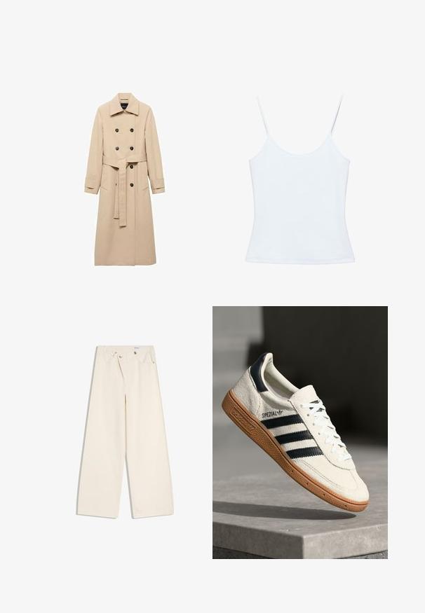 Beige trenchcoat lavet af glat stof, med dobbeltbrystet design, sorte knapper og et knyttet taljebælte. To sidelommer inkluderet.; Hvid dame-camisole med tynde spaghettistropper og et tætsiddende, ensfarvet design.; Off-white bukser med vidde i benene, foranlommer, bærestropper og sølvknapper på linningen og lommekanter.; Hvide ruskinds sneakers med marineblå striber, gummisål, struktureret overdel, rund tå og snøring; har branding på siden og tungen.