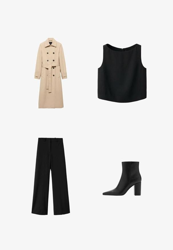 Beige trenchcoat van gladde stof, met een dubbelknopssluiting, zwarte knopen en een strikceintuur rond de taille. Inclusief twee zijzakken.; Zwart mouwloos topje met een ronde halslijn en een gladde stoftextuur. Voorzien van een onopvallende ritssluiting aan de achterkant en een rechte zoom.; Zwarte wijde broek met een gladde stof, een gestructureerde tailleband en twee voorste plooi lijnen, wat zorgt voor een verzorgde uitstraling.; Zwarte leren enkellaars met een spitse neus en blokhak. Gladde textuur en minimalistisch ontwerp, met een schacht van gemiddelde hoogte.