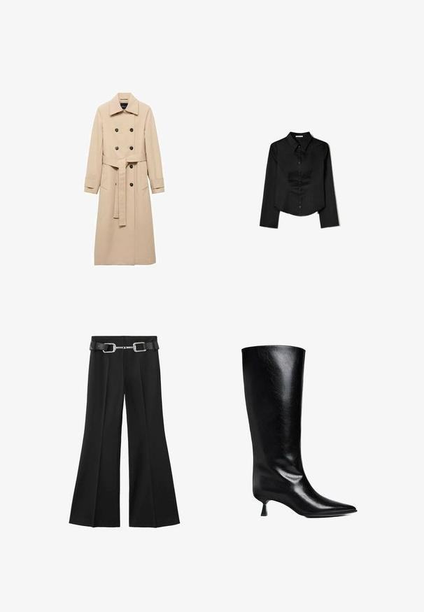 Beige Trenchcoat aus glattem Stoff, mit einem doppelreihigen Design, schwarzen Knöpfen und einem gebundenen Taillengürtel. Zwei Seitentaschen sind enthalten.; Schwarzes Langarmshirt aus glattem Stoff, mit spitzem Kragen, vorderem Knopfverschluss und einem gekürzten Saum mit seitlichen Schlitzen.; Schwarze weit geschnittene Hosen mit glatter Textur, ausgestattet mit einem passenden Gürtel und einer silbernen rechteckigen Schnalle. Mit geradem Schnitt maßgeschneidert.; Schwarze Lederstiefel bis zum Knie mit spitzem Zehenbereich, schlanker Silhouette und niedrigem Blockabsatz mit glänzender Oberfläche.