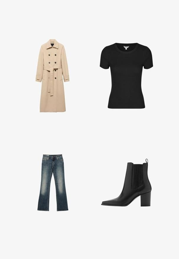 Beige Trenchcoat aus glattem Stoff, mit einem doppelreihigen Design, schwarzen Knöpfen und einem gebundenen Taillengürtel. Zwei Seitentaschen sind enthalten.; Schwarz kurzärmliges T-Shirt aus geripptem Baumwollmaterial, mit einem runden Ausschnitt und einer figurbetonten Silhouette.; Blaue Jeans aus Denim mit leicht ausgestelltem Bein und ausgebleichten Bereichen an den Oberschenkeln, mit Vordertaschen und Gürtelschlaufen.; Schwarzer Leder-Stiefelette mit spitzer Zehenpartie, Blockabsatz, Zuglasche und elastischen Seiteneinsätzen für einfaches An- und Ausziehen.