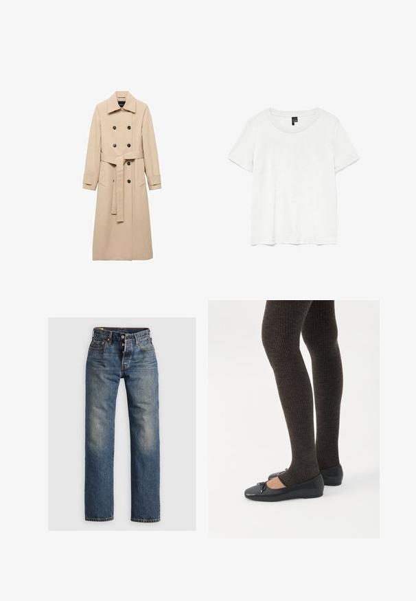 Trinchera beige fabricada en un tejido suave, con un diseño de doble botonadura, botones negros y un cinturón atado en la cintura. Incluye dos bolsillos laterales.; Camiseta blanca de manga corta con un cuello redondo, hecha de tejido ligero. Diseño simple, textura suave y dobladillo recto.; Jeans de mezclilla azul con un diseño de pierna recta, que presentan costuras visibles, cremallera y cinco bolsillos. Las áreas desgastadas añaden textura.; Piernas con leggings oscuros acanalados combinados con bailarinas negras que presentan pequeños detalles de lazo sobre un fondo blanco.