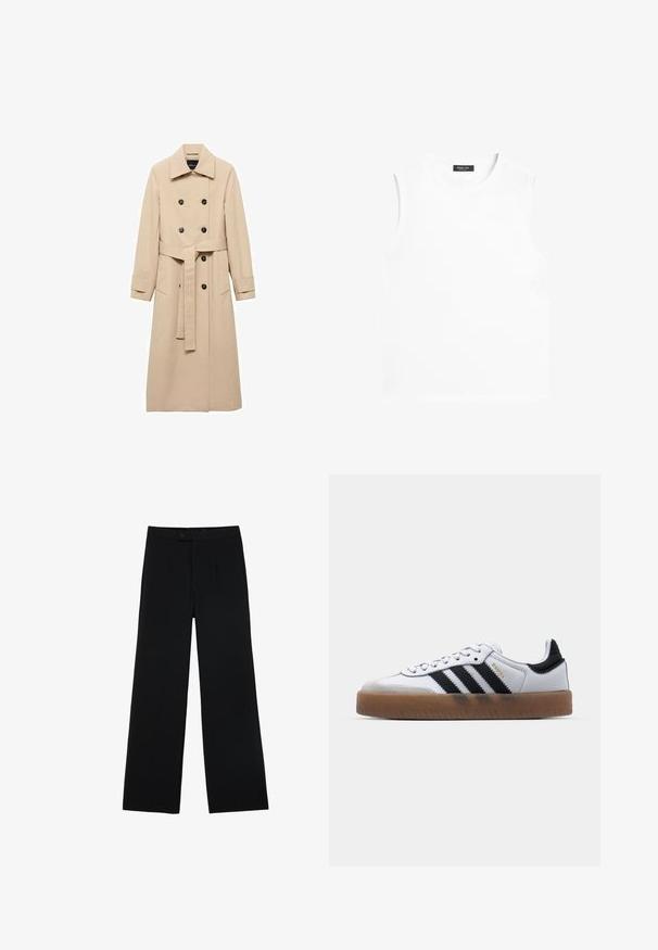 Beige trenchcoat lavet af glat stof, med dobbeltbrystet design, sorte knapper og et knyttet taljebælte. To sidelommer inkluderet.; Hvid ærmeløs t-shirt med rund halsudskæring med sort Massimo Dutti mærke indeni kraven på hvid baggrund.; Sorte vidde bukser lavet af glat stof, med en frontknaplukning og to plissee for ekstra detaljer. Skræddersyet design i det hele taget.; Hvide lædersneakers med sorte striber, gummirubber sål, rund tå, snørelukning og blød grå ruskinds tåhætte.