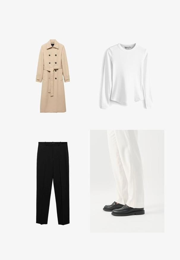 Beige Trenchcoat aus glattem Stoff, mit einem doppelreihigen Design, schwarzen Knöpfen und einem gebundenen Taillengürtel. Zwei Seitentaschen sind enthalten.; Weißes Langarmshirt aus geripptem Stoff mit rundem Ausschnitt. Verfügt über eine lockere Passform und eine glatte Textur und bietet eine vielseitige und atmungsaktive Option.; Schwarze, maßgeschneiderte Stoffhosen mit geradem Bein, Frontfalten, einer glatten Textur und einem Standardbund mit Gürtelschlaufen.; Person trägt weiße, maßgeschneiderte Hose und schwarze Leder-Loafer und steht vor weißem Hintergrund.