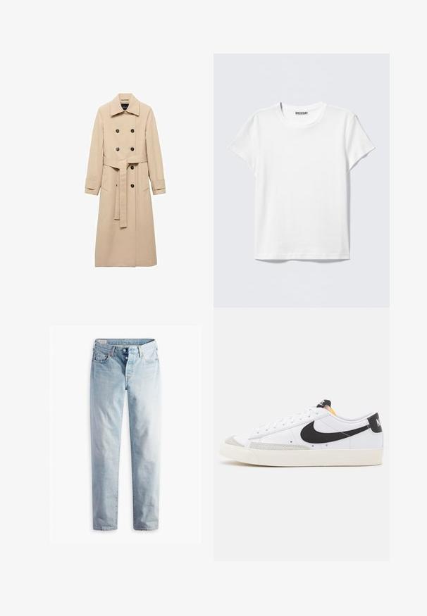 Trinchera beige fabricada en un tejido suave, con un diseño de doble botonadura, botones negros y un cinturón atado en la cintura. Incluye dos bolsillos laterales.; Camiseta blanca lisa de manga corta y cuello redondo con una etiqueta "WEEKDAY" en el interior del cuello, mostrada sobre un fondo gris claro.; Jeans de mezclilla azul claro con diseño de pierna recta, cinco bolsillos y cierres de botones metálicos en una pretina estándar.; Zapatillas blancas con swoosh negro, detalles en ante gris y suela de goma color crema. Presentan cordones blancos y un talón negro con marca.