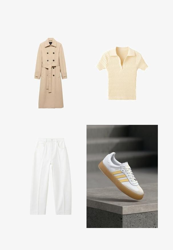 Beige Trenchcoat aus glattem Stoff, mit einem doppelreihigen Design, schwarzen Knöpfen und einem gebundenen Taillengürtel. Zwei Seitentaschen sind enthalten.; Kurzärmeliges, cremefarbenes Strickoberteil mit Zickzackmuster und weitem Kragen mit tiefem V-Ausschnitt.; Weiße, hoch taillierte Jeans mit geradem Bein, vorderen Taschen, Gürtelschlaufen und Knopfverschluss.; Weißer Ledersneaker mit gelben Akzenten, drei Streifen und einer Gummisohle in Karamellfarbe. Verfügt über eine abgerundete Spitze und eine strukturierte Zunge.