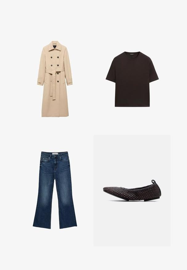 Beige Trenchcoat aus glattem Stoff, mit einem doppelreihigen Design, schwarzen Knöpfen und einem gebundenen Taillengürtel. Zwei Seitentaschen sind enthalten.; Einfaches dunkelbraunes kurzärmeliges Baumwoll-T-Shirt mit rundem Halsausschnitt, flach auf weißem Hintergrund dargestellt.; Weit geschnittene Jeans aus Denim in dunkelblauer Waschung mit glatter Textur, ausgestattet mit Fronttaschen, Gürtelschlaufen und einem Knopfverschluss.; Schwarzer Ballerina mit spitz zulaufender Spitze, einem strukturierten, gewebten Obermaterial und einer kleinen Lasche an der Ferse, seitlich auf weißem Hintergrund dargestellt.
