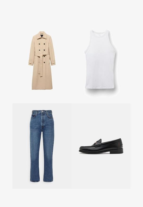 Trinchera beige fabricada en un tejido suave, con un diseño de doble botonadura, botones negros y un cinturón atado en la cintura. Incluye dos bolsillos laterales.; Camiseta sin mangas blanca de canalé con cuello redondo alto, estilo ajustado para mujer, mostrada sobre fondo blanco.; Vaqueros de tiro alto azules de mezclilla, con un diseño de pierna recta, estilo de cinco bolsillos y cierre de botón metálico.; Mocasín de cuero negro con un diseño cosido en la parte frontal, tacón plano y un sutil acento de color en el tacón. Superficie suave, forma aerodinámica.
