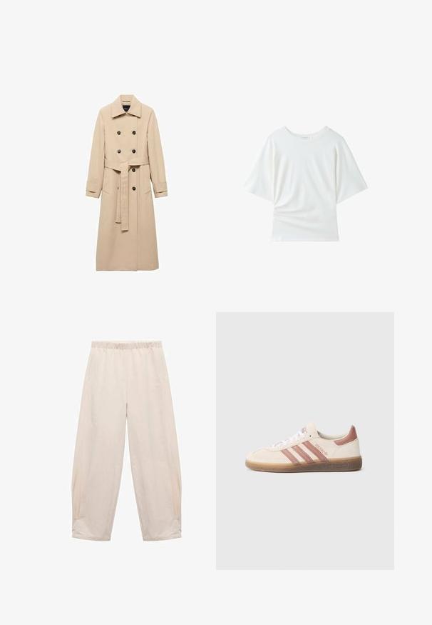 Beige trenchcoat lavet af glat stof, med dobbeltbrystet design, sorte knapper og et knyttet taljebælte. To sidelommer inkluderet.; Enkelt hvid T-shirt med korte ærmer, rund hals, afslappet pasform og svage folder i stoffet nær den nederste venstre side.; Elastisk taljebukser i lys beige. Fremstillet af blødt stof med sidelommer og en afslappet, løs pasform. Taperet ved anklen.; Beige ruskindssneaker med pink detaljer, tre pink striber, hvide snørebånd og en gennemsigtig gummisål. "Spezial" branding på siden.