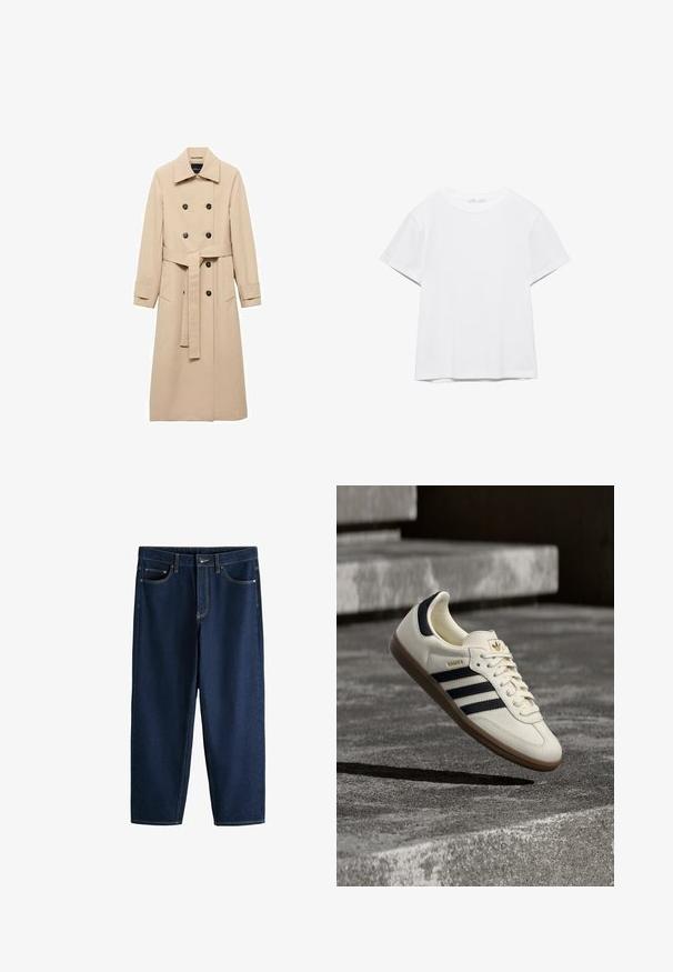 Beige trenchcoat van gladde stof, met een dubbelknopssluiting, zwarte knopen en een strikceintuur rond de taille. Inclusief twee zijzakken.; Effen wit T-shirt met korte mouwen en ronde hals, met een rechte zoom, gepresenteerd tegen een witte achtergrond.; Donkerblauwe rechtbenige spijkerbroek met voorzakken, riemlussen en knoopsluiting tegen een witte achtergrond.; Witte Adidas Samba sneaker met zwarte strepen en gumzool, zwevend boven gestructureerde grijze betonnen treden.